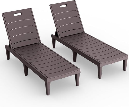 Devoko Outdoor Chaise Lounge Chair Set of 2 with 5-Position Adjustable Back, Waterproof & Lightweight PP Lounge Chairs for Outside Pool Patio (Deep Brown)