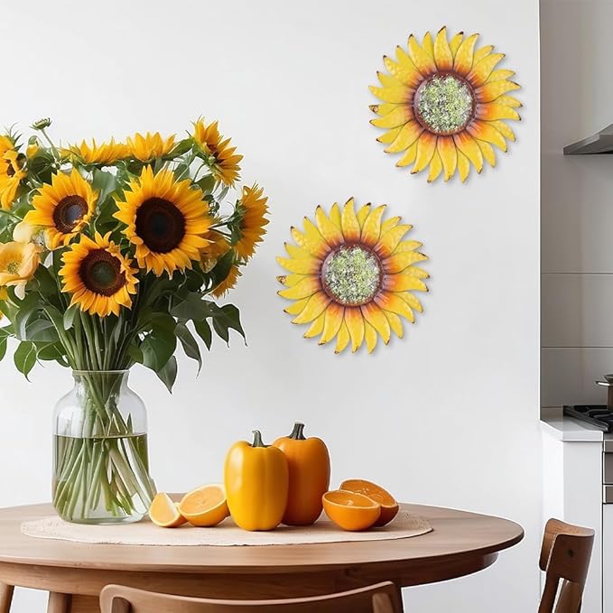 hogardeck Metal Sunflower Wall Decor - 2 Pcs 6'' Metal Flower Wall Art Outdoor Backyard Decorations Sunflower Kitchen Bathroom Decor Hanging for Indoor, Outdoor, Living Room, Bedroom