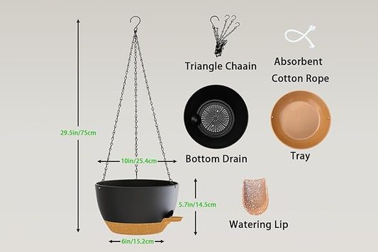 Hanging Planters, 3-Pack 10 Inch Self-Watering Pots with Drainage Holes and Chains, Matte Plastic Planters for Indoor/Outdoor Plant（Black Brown）