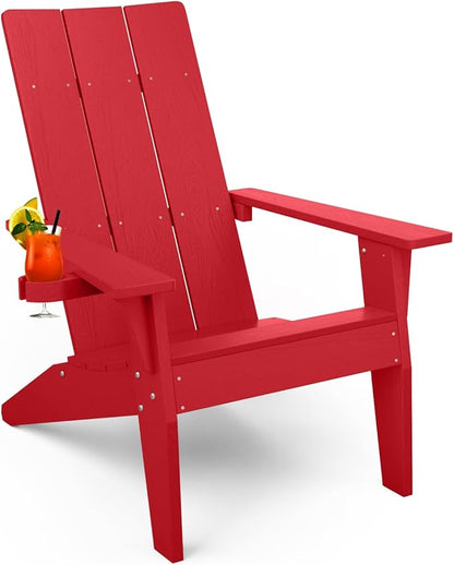 MXIMU Modern Adirondack Chair Weather Resistant with Cup Holder Oversized Fire Pit Chairs Adorondic Plastic Outdoor Chairs for Firepit Area Seating (Red)