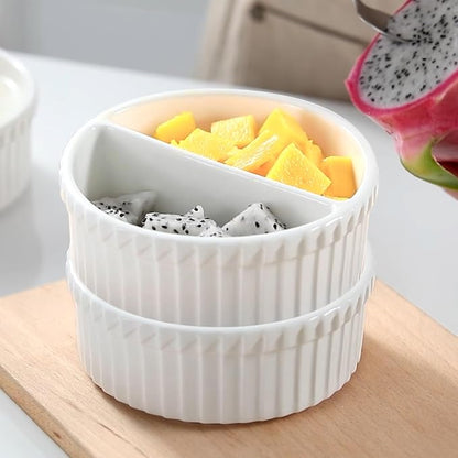 Cinf 10 oz White Ceramic Split Serve Rakemins 2 PACK Creme Brulee Set Separator Sauce Bowls Souffle Dish for Baking Oven Safe to 500F