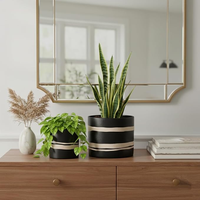 Nihow Modern Ceramic Plant Pot - 5 + 7 Inch Flower Pot for All Indoor Plants - Sturdy Planter Pots with Drainage Hole & Rubber Plugs - Semi-Matte Black & Nature - Plants Not Included