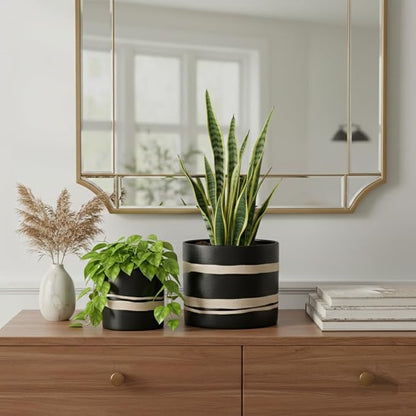 Nihow Modern Ceramic Plant Pot - 5 + 7 Inch Flower Pot for All Indoor Plants - Sturdy Planter Pots with Drainage Hole & Rubber Plugs - Semi-Matte Black & Nature - Plants Not Included