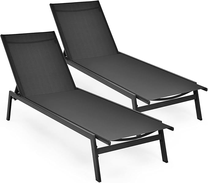 Tangkula 2 Pieces Outdoor Chaise Lounge Chair, 6-Position Adjustable Reclining Chair with Breathable Fabric and Heavy Duty Steel Frame, Patio Lounge Chair for Garden, Backyard and Poolside (2, Black)
