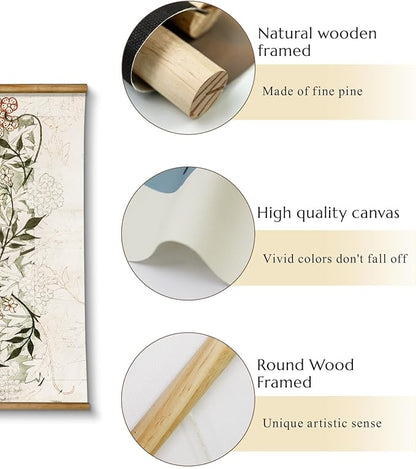 VIYYIEA Extra Large Size Canvas Wall Art, 36x54 Inch Vintage Botanical Hanging Scroll Painting with Wildflower Pattern, Rustic Floral Wall Decor for Living Room, Bedroom, or Entryway