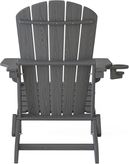 Plawdlik Folding Adirondack Chair, SGS Tested, Wooden Textured with Cup Holder, Heavy All-Weather HDPE Comfortable Set Poolside Backyard Lawn Grey