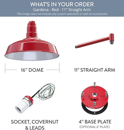 Steel Lighting Co. Gardena Barn Light | Outdoor Wall Mounted | 16" Dome | 11" Straight Arm | Farmhouse Light Made in America | Red Exterior/White Interior