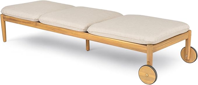 Christopher Knight Home Riviera Acacia Wood Chaise Lounge Chair Outdoor Set of 2, Wooden Patio Outdoor Chaise Lounge with Wheels and Cushions, Adjustable Backrest Single Lounge Sofa, Light Teak+Beige