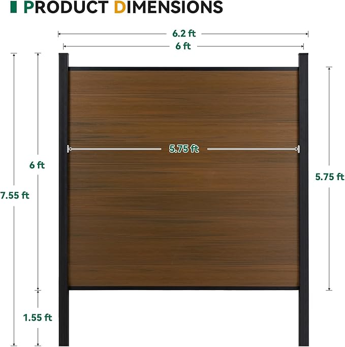 Mondaria Privacy Fence for Outside, 6ftx6ft Outdoor Privacy Panels with In-ground Post, Wind Resistant Wood Plastic Composite Fencing for Patio, Backyard, Garden and Swimming Pool (Brown with 2 posts)