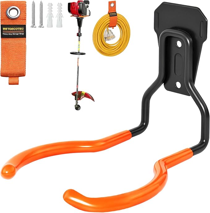 Heavy Duty Garden Power Tool Hanger, Garage Storage Utility Hooks with Storage Straps, Electric Tool Hooks, String Trimmer Hangers, Garden Tool Organizer, Weedeater Rack (1, Orange)