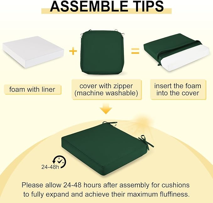 downluxe Waterproof Outdoor Chair Cushions Set of 2, 19" x 19" x 3" Patio Chair Cushion with Non-Slip Ties & Handle, Square Outdoor Cushion for Patio Furniture with Removable Cover, Forest Green