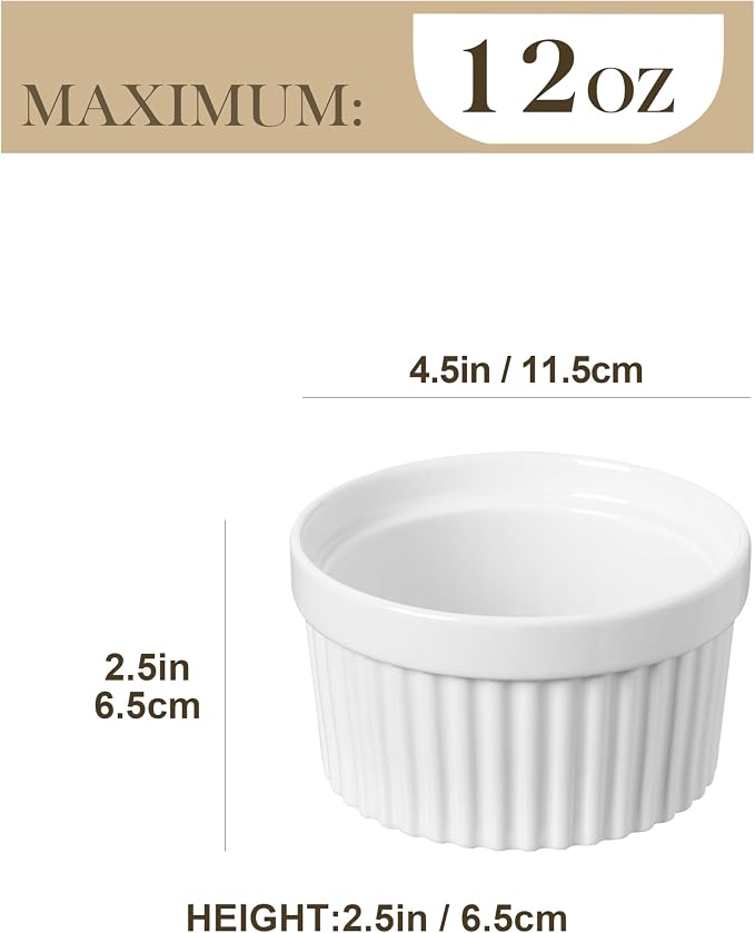 MALACASA Ramekins 12 oz Oven Safe, Porcelain Creme Brulee Ramekins Pudding Custard Cups Large Ceramic Souffle Dishes Ramakan Ramiken Ramicans Baking Bowls Set of 6, White, Series RAMEKIN-DISH