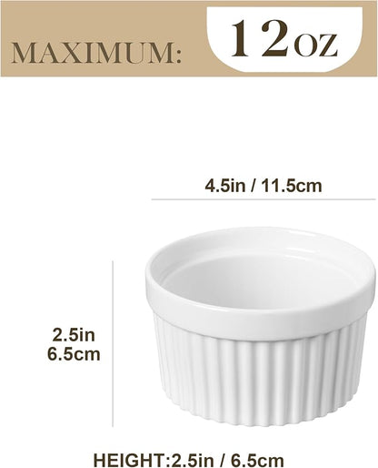 MALACASA Ramekins 12 oz Oven Safe, Porcelain Creme Brulee Ramekins Pudding Custard Cups Large Ceramic Souffle Dishes Ramakan Ramiken Ramicans Baking Bowls Set of 6, White, Series RAMEKIN-DISH