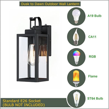 WISBEAM 2 Pack 13.75in Black Outdoor Wall Sconce, Dusk to Dawn Outdoor Wall Light, E26 Base 60W Max, Metal Housing Plus Glass, ETL Qualified, Bulbs not Included