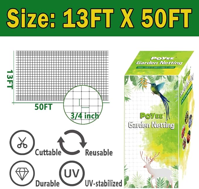 Bird Netting, 13x50FT Garden Netting for Fruit Trees Plants Strawberry Blueberry Bush Protection Anti Birds, Deers, Squirrels and Other Animals
