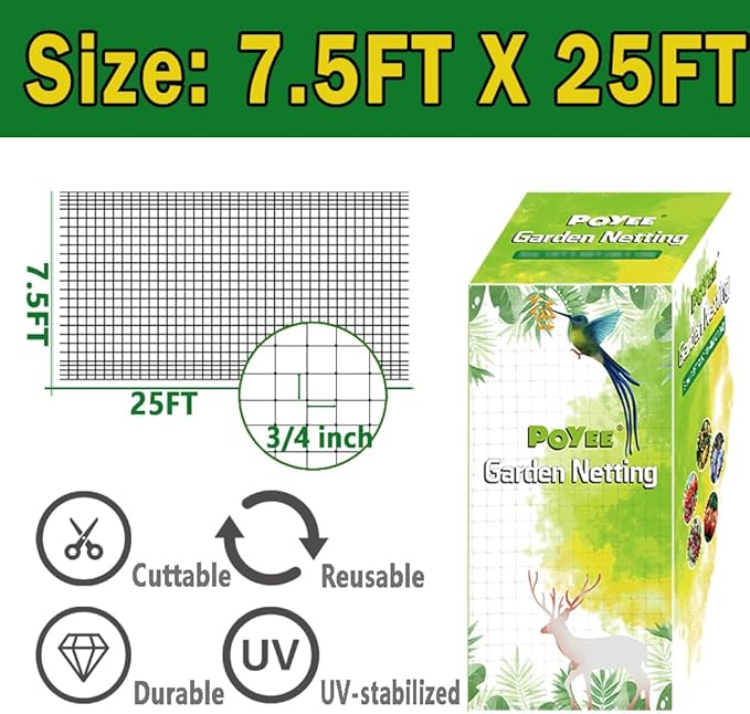 Bird Netting, 7.5x25FT Garden Netting for Fruit Trees Plants Strawberry Blueberry Bush Protection Anti Birds, Deers, Squirrels and Other Animals