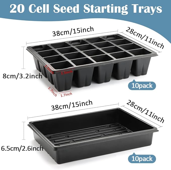 10 Pack 2.5 inch Square Pots 3.5 inch Deep 20 Cell Seedling Plug Trays with Water Collection Nursery Trays (15"x11"x3") for Seeds Starting and Transplanting