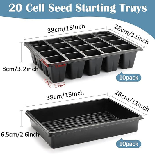 10 Pack 2.5 inch Square Pots 3.5 inch Deep 20 Cell Seedling Plug Trays with Water Collection Nursery Trays (15"x11"x3") for Seeds Starting and Transplanting