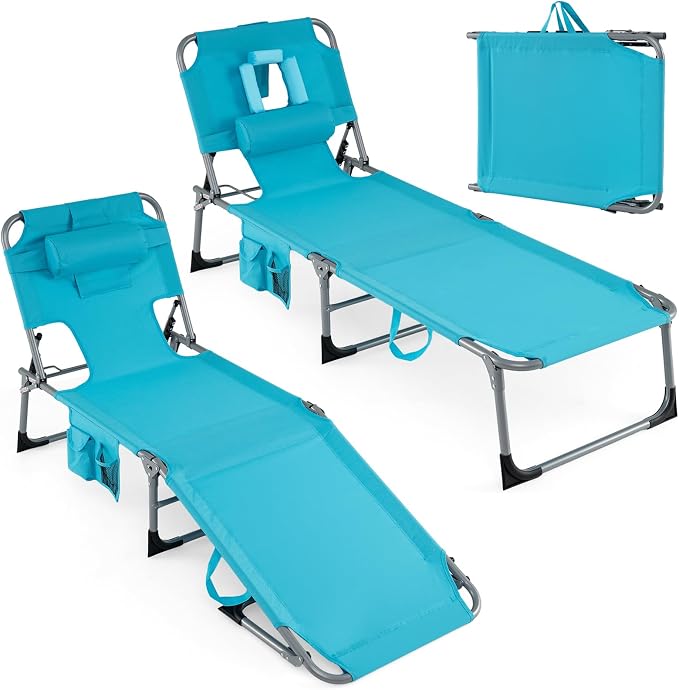 Goplus Tanning Chair, Folding Adjustable Patio Lounge Chair with Face Hole, Removable Pillow, 330LBS, Carry Strap, Outdoor Sunbathing Chair, Lightweight Portable Beach Lounge Chair, No Assembly
