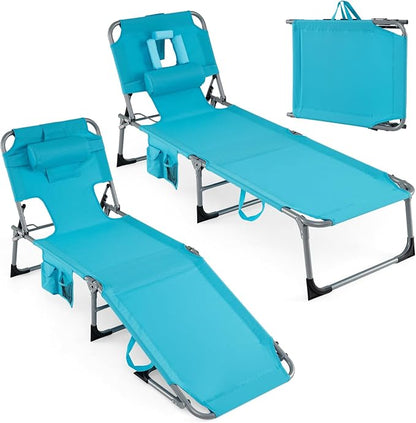 Goplus Tanning Chair, Folding Adjustable Patio Lounge Chair with Face Hole, Removable Pillow, 330LBS, Carry Strap, Outdoor Sunbathing Chair, Lightweight Portable Beach Lounge Chair, No Assembly