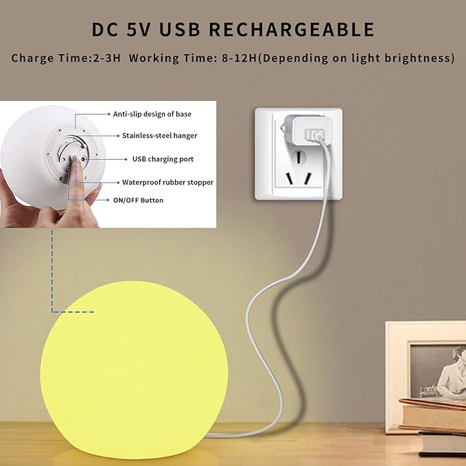 Censinda LED Glowing Ball Light, 8-Inch Cordless 16 Color Changing and 4 Light Modes Kids Night Light, Rechargeable & Dimmable Mood Lamp with Remote Control, Perfect for Home Patio Yard Accent Decor