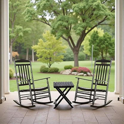 Outdoor Patio Rocking Chairs Folding Side Table Set of 3 Piece Porch Wooden Rockers Small Foldable End Table Furniture Indoor Outside Camping Balcony Garden Lawn and Bistro, Black