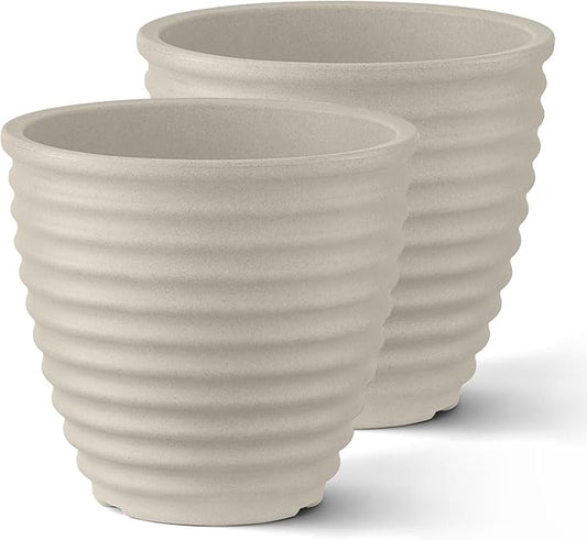 ARBORA 16" Ibiza Polyresin Indoor and Outdoor Planter with Classic Cream Finish - Durable, Weatherproof, Lightweight, Large Plant Pot for Patio, Garden, Deck, Entryway - 2 Pack