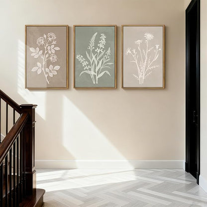 Anyzal Extra Large Boho Botanical Framed Wall Art 24x36 Inch Farmhouse Floral Canvas Wall Decor Neutral Minimalist Plant Painting for Living Room Bedroom Dining Room Set of 3