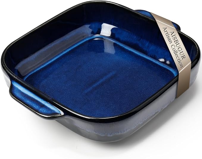 8x8 Baking Pan Ceramic Square Baking Dish with Handle for Brownie 48oz Blue | Deep for Brownie, Lasagna, Roasting and Great for Kitchen Decor