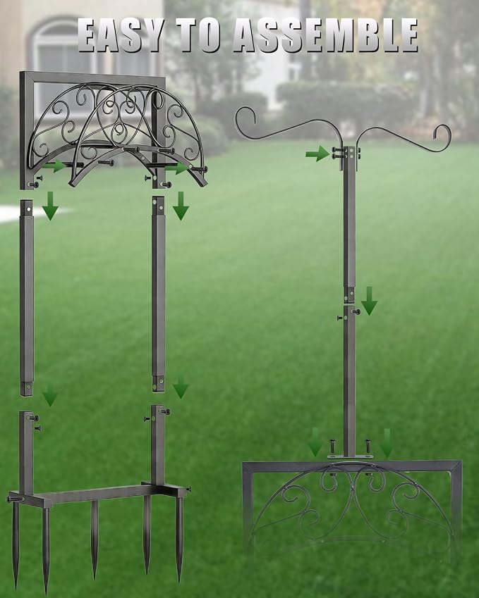 5-Spike Garden Hose Holder Freestanding with 2 Shepherds Hooks, Heavy Duty Water Hose Stand for Outside, Decorative Metal Hose Hanger Rack for Hanging Bird Feeders, Hose Storage for Yard