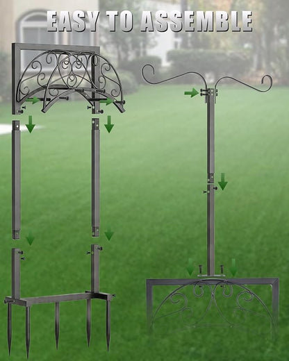5-Spike Garden Hose Holder Freestanding with 2 Shepherds Hooks, Heavy Duty Water Hose Stand for Outside, Decorative Metal Hose Hanger Rack for Hanging Bird Feeders, Hose Storage for Yard