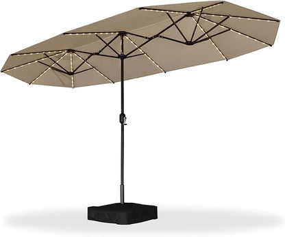 PURPLE LEAF 13ft Patio Market Umbrella with Solar LED and Base Double-Sided Rectangle Outdoor Table Sun Umbrellas with Crank for Pool Beach Deck Backyard Khaki