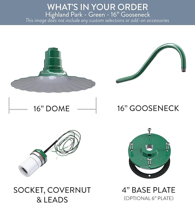 Steel Lighting Co. Highland Park Barn Light | Outdoor Wall Mounted | 16 inch Radial Wave | 16 inch Gooseneck | Vintage Style Made in America | Green Exterior/White Interior
