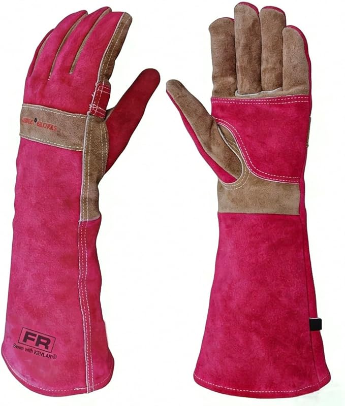 Gardening Gloves for Women, Long Thorn Proof Garden Gloves for Yard Work, Heat Resistant Leather Gloves for Welding, BBQ, Cooking, Fireplace, Chainsaw, Utility, Durable, Rose Red, M