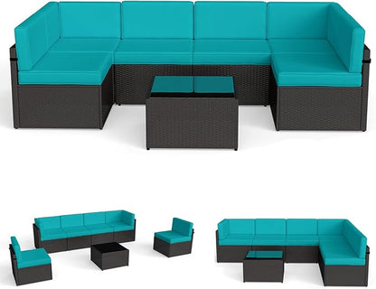 Kinsuite 7Pcs Patio Conversation Set - Wicker Backyard Furniture Outdoor Furniture with Cushions, All-Weather Couch Set with Coffee Table for Garden, Lawn, Deck, Turquoise