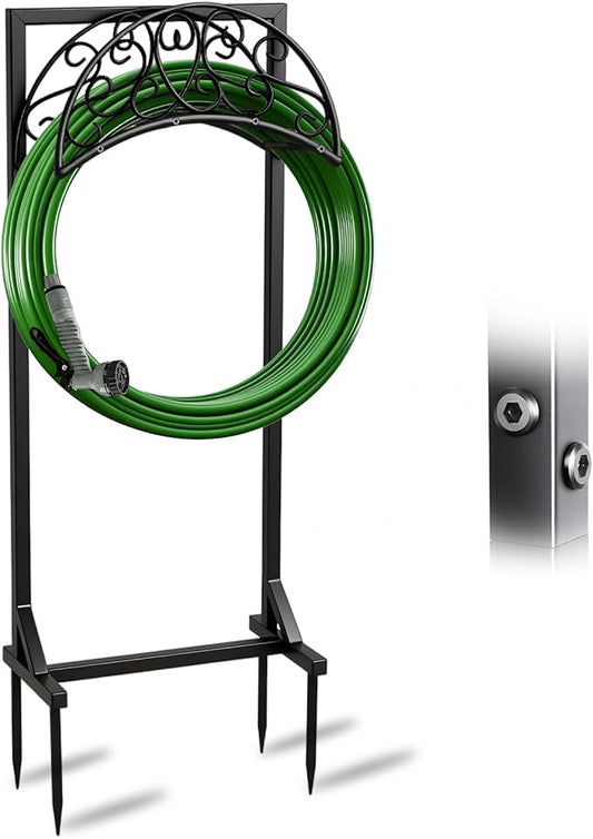 Heavy Duty Garden Hose Holder Freestanding, Metal Water Hose Holders for Outside with 4 Spikes, Rustproof Outdoor Hose Stand Holds 150FT, Free Standing Hose Storage Hanger for Yard Lawn