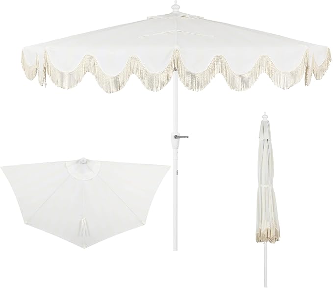 JONATHAN Y Half Umbrella UMB1201K Beverly 9 ft. Designer Classic Scalloped Fringe Market Patio with Crank, Tilt Button and UV Protection in Cream/White, White Pole