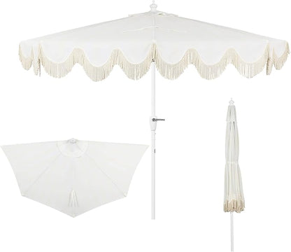 JONATHAN Y Half Umbrella UMB1201K Beverly 9 ft. Designer Classic Scalloped Fringe Market Patio with Crank, Tilt Button and UV Protection in Cream/White, White Pole