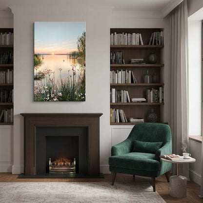 Lake Canvas Wall Art Picture: Sunset Landscape Painting Print Artwork Vertical Nature Scenery Decor for Living Room Bedroom