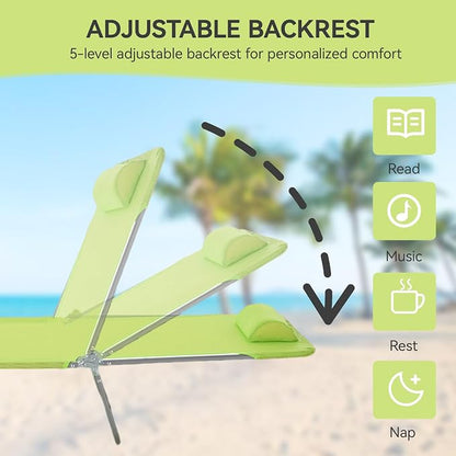 Outdoor Chaise Lounge with Detachable Pillow, Reclining Folding Chair with 5-Position Adjustable Back, Portable Tanning Chair for Beach, Pool, Lawn, Breathable Mesh Seat, No Assembly
