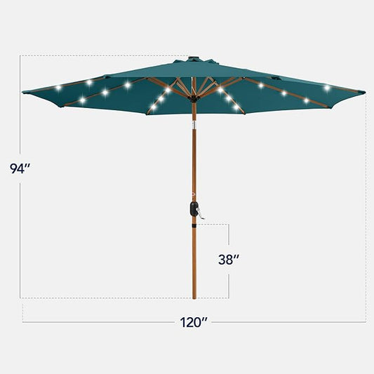 Best Choice Products 10ft Solar Market Patio Umbrella w/Woodgrain Pattern Pole, LED Lights, Tilt & Crank – Outdoor Sun Shade for Backyard Table, Deck, Poolside – Cerulean