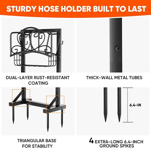 Stable Garden Hose Holder with Storage Basket and Tool Hooks, Heavy-Duty Garden Hose Storage Metal Hose Hanger Holds 160Ft, Rustproof Freestanding Water Hose Holder for Outside,Yard,Lawn,Farm