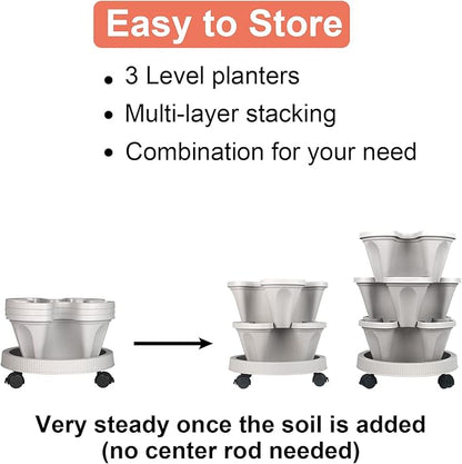 DUNCHATY Stackable Planter, Vertical Garden Planter with Wheels and Tools, Self Watering Strawberry Planter Indoor/Outdoor 3 Tier Herb Planter Pots for Growing Vegetables and Succulents,Gray