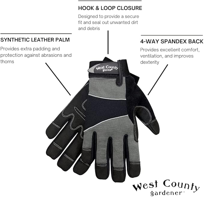 West Chester Protective Gear 013C/L Men's West County Gardener Gloves –Large, Charcoal, Work Gloves with Four-Way Spandex Backing, Adjustable Cuff,Large (Pack of 2)