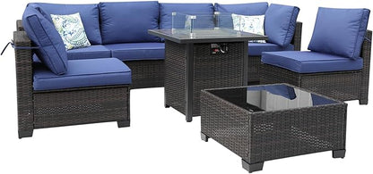 8 Pieces Patio Furniture Set with 28" Fire Pit Table, Wicker Outdoor Sectional Couch, Rattan Conversation Set for Backyard, Deck, Garden Lawn, Brown/Blue