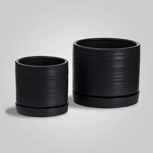 HERDUK 6 + 8 Inch Plant Pots, Ceramic Planter Pot with Drainage Hole & Saucer, Indoor/Outdoor Cylinder Round Planter Pot, Matte Black