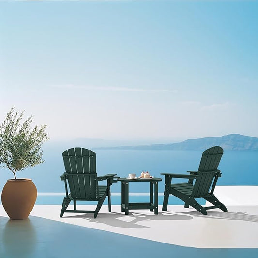 Plawdlik Folding Adirondack Chair, SGS Tested, Wooden Textured with Cup Holder, Heavy All-Weather HDPE Comfortable Set Poolside Backyard Lawn Green Set 4