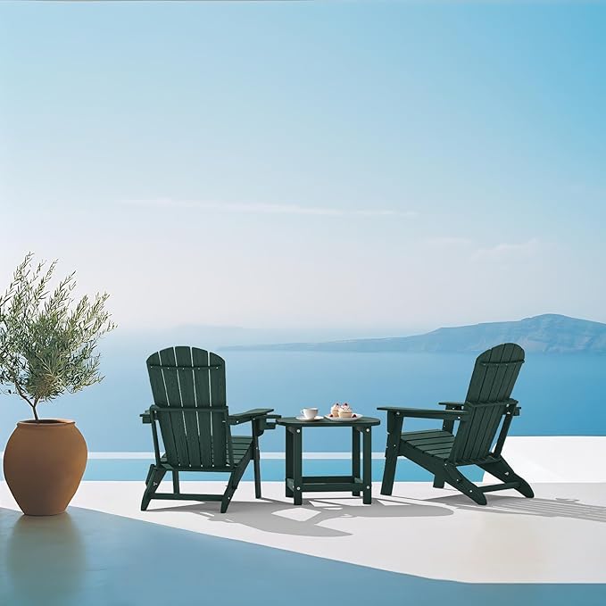 Plawdlik Folding Adirondack Chair, SGS Tested, Wooden Textured with Cup Holder, Heavy All-Weather HDPE Comfortable Set Poolside Backyard Lawn Green Set 2