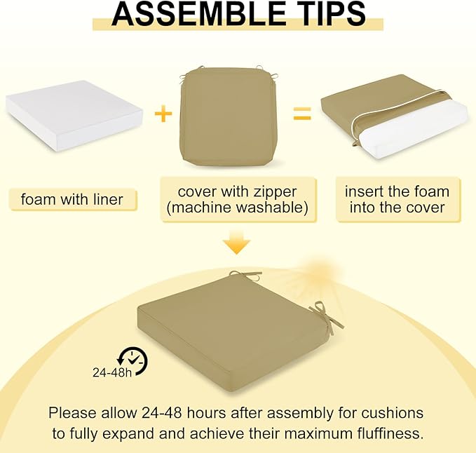 downluxe Waterproof Outdoor Chair Cushions Set of 4, 19" x 19" x 3" Patio Chair Cushion with Non-Slip Ties & Handle, Square Outdoor Cushion for Patio Furniture with Removable Cover, Khaki