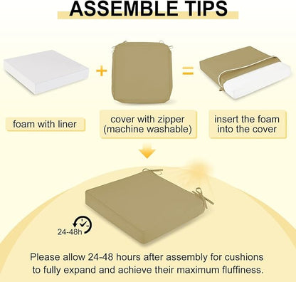 downluxe Waterproof Outdoor Chair Cushions Set of 4, 19" x 19" x 3" Patio Chair Cushion with Non-Slip Ties & Handle, Square Outdoor Cushion for Patio Furniture with Removable Cover, Khaki